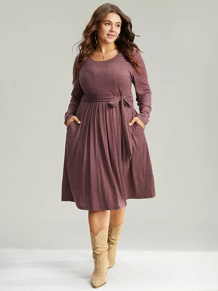 Plain Pleated Hem Belted Long Sleeve Dress sold by Bloomchic product image thumbnail 3
