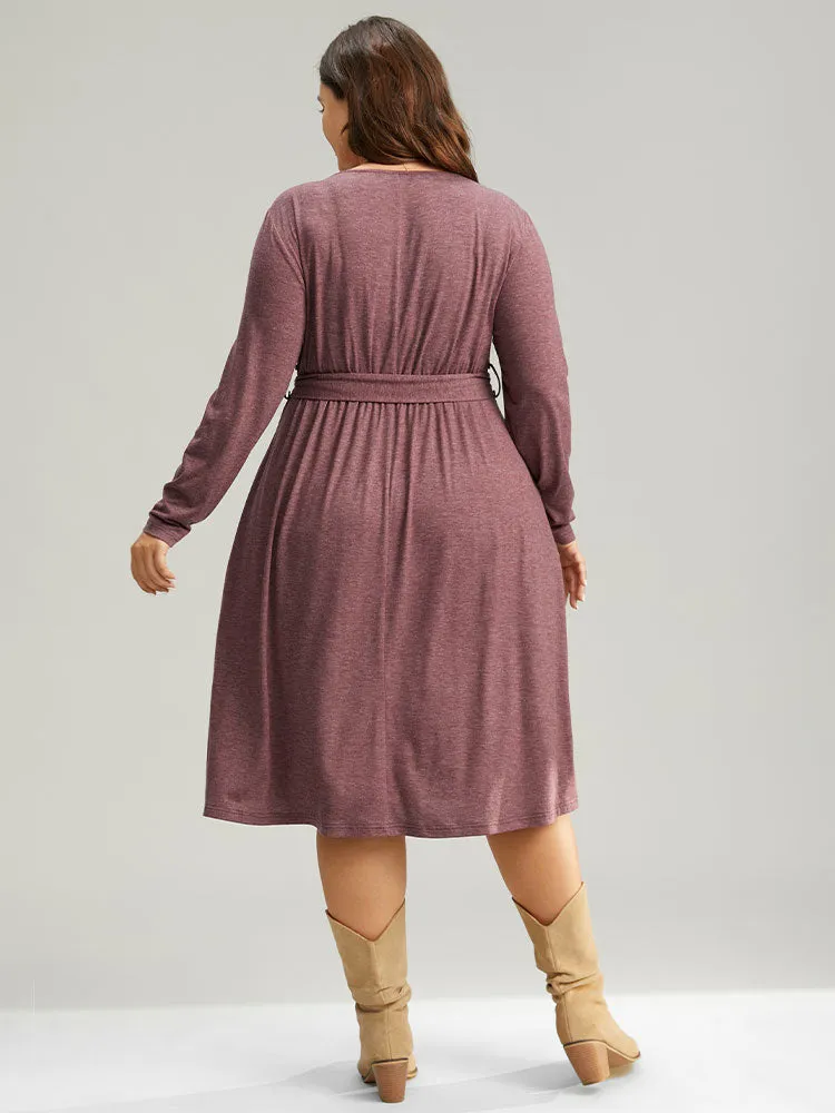 Plain Pleated Hem Belted Long Sleeve Dress sold by Bloomchic product image thumbnail 2