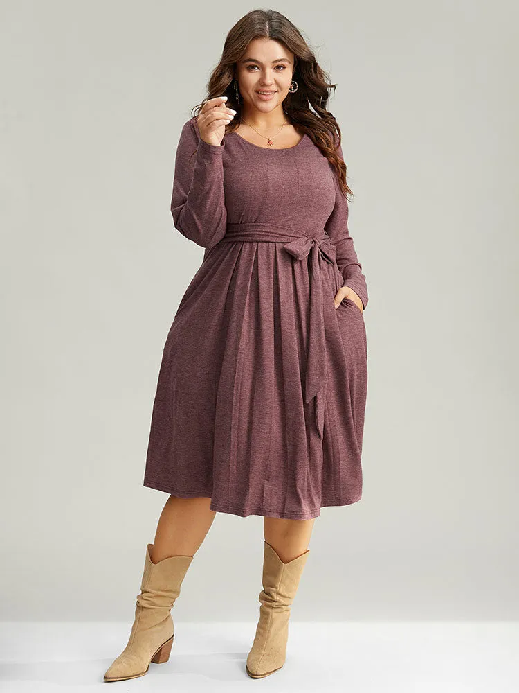 Plain Pleated Hem Belted Long Sleeve Dress sold by Bloomchic product image thumbnail 5