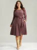 Plain Pleated Hem Belted Long Sleeve Dress sold by Bloomchic