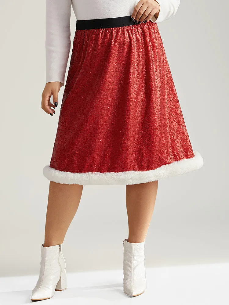 Christmas Sequin Patchwork Fuzzy Trim Skirt sold by Bloomchic