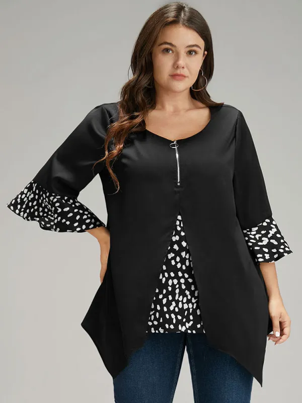 Water Drop Patchwork Ruffles Half Zip Blouse sold by Bloomchic