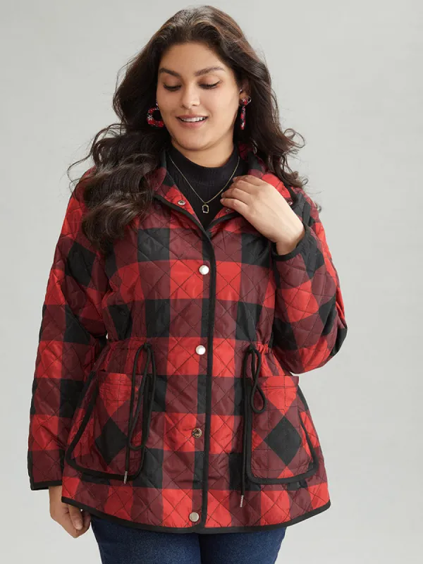Plaid Contrast Trim Drawstring Button Through Coat sold by Bloomchic