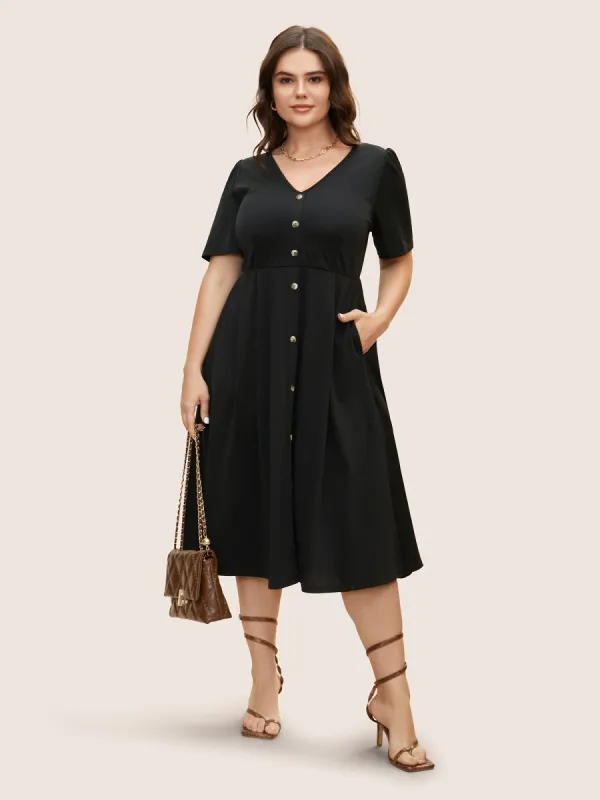 V Neck Button Detail Elastic Waist Midi Dress sold by Bloomchic