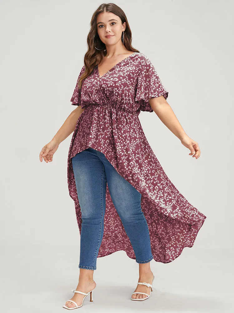 Ditsy Floral High Low Hem Shirred Ruffles Wrap Blouse sold by Bloomchic