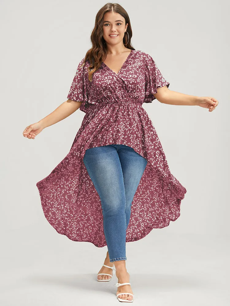 Ditsy Floral High Low Hem Shirred Ruffles Wrap Blouse sold by Bloomchic product image thumbnail 2