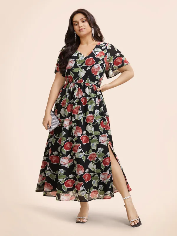 Floral Tie Knot Slit Hem Maxi Dress sold by Bloomchic