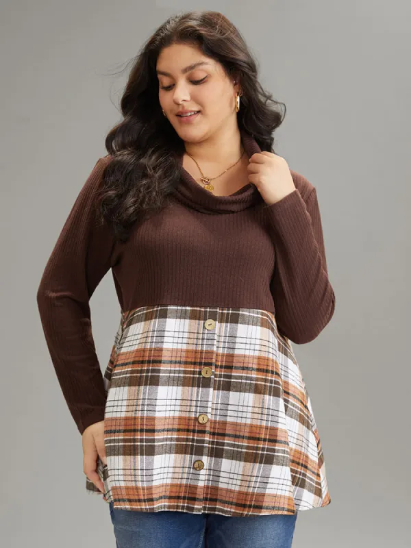 Plaid Patchwork Button Detail Mock Neck T-shirt sold by Bloomchic