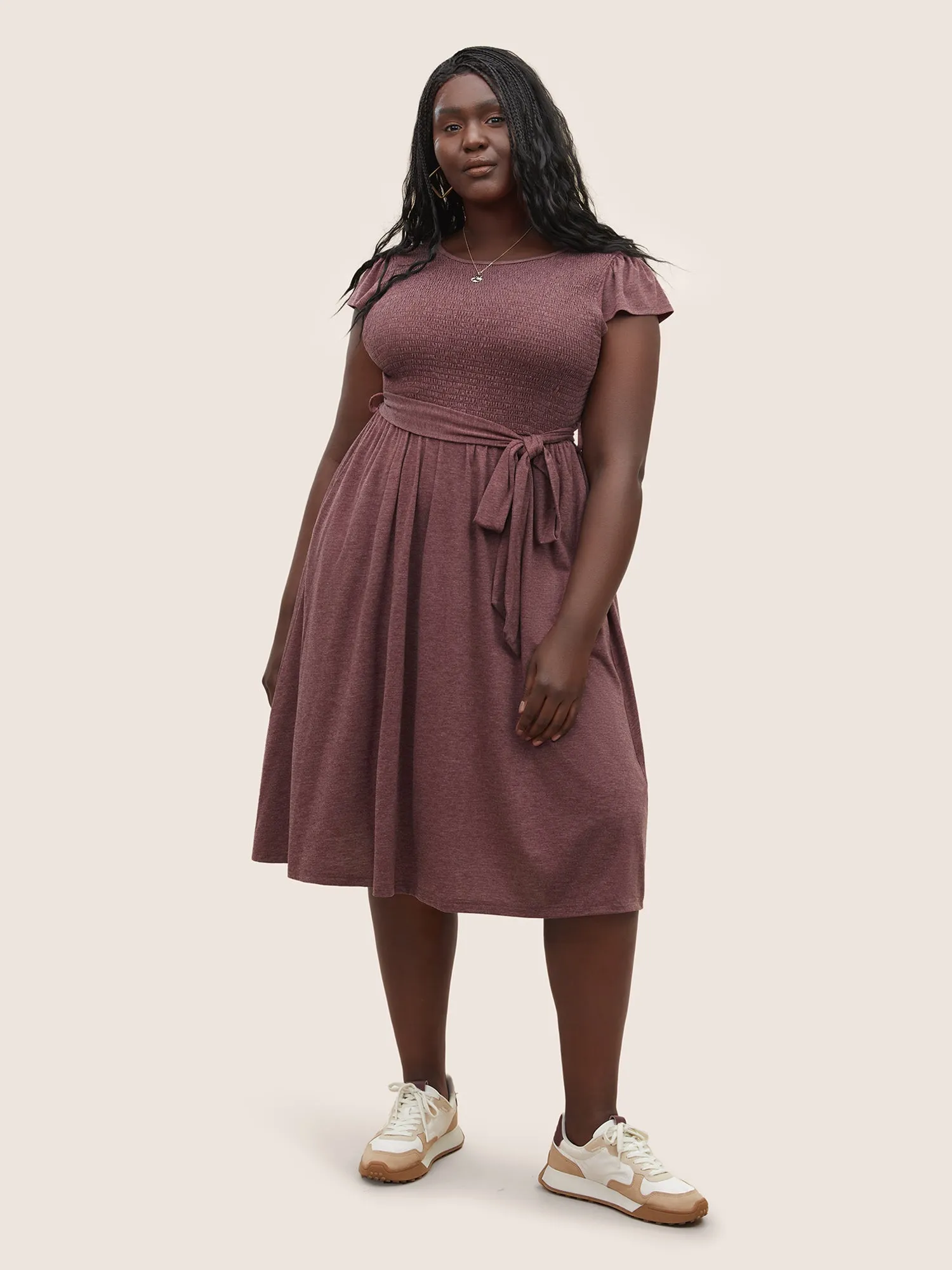Supersoft Essentials Shirred Ruffle Cap Sleeve Dress sold by Bloomchic