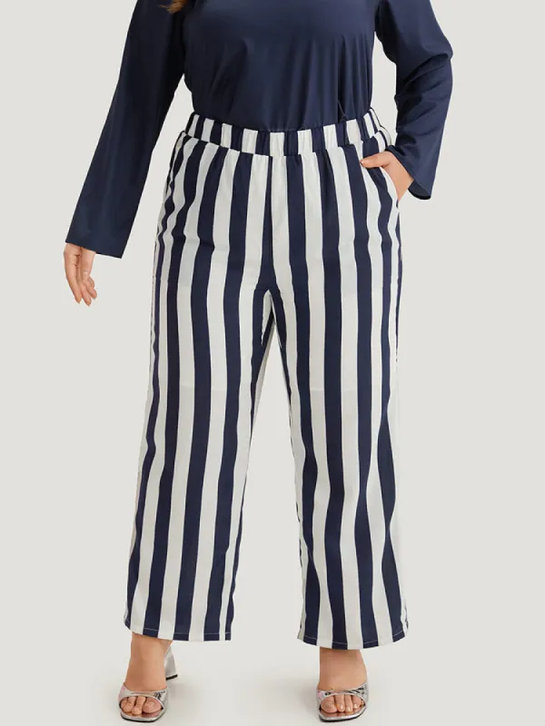 Striped Print Elastic Waist Woven Pants sold by Bloomchic