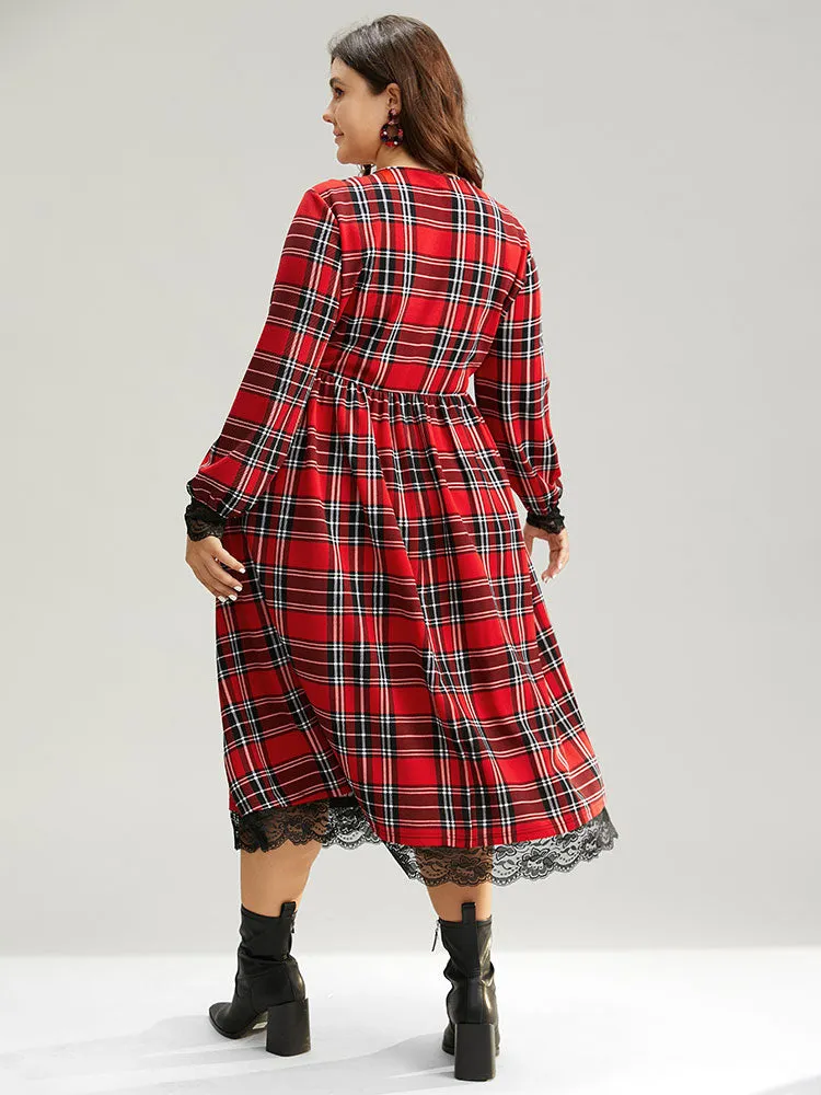 Plaid Guipure Lace Elastic Waist Gathered Dress sold by Bloomchic product image thumbnail 3