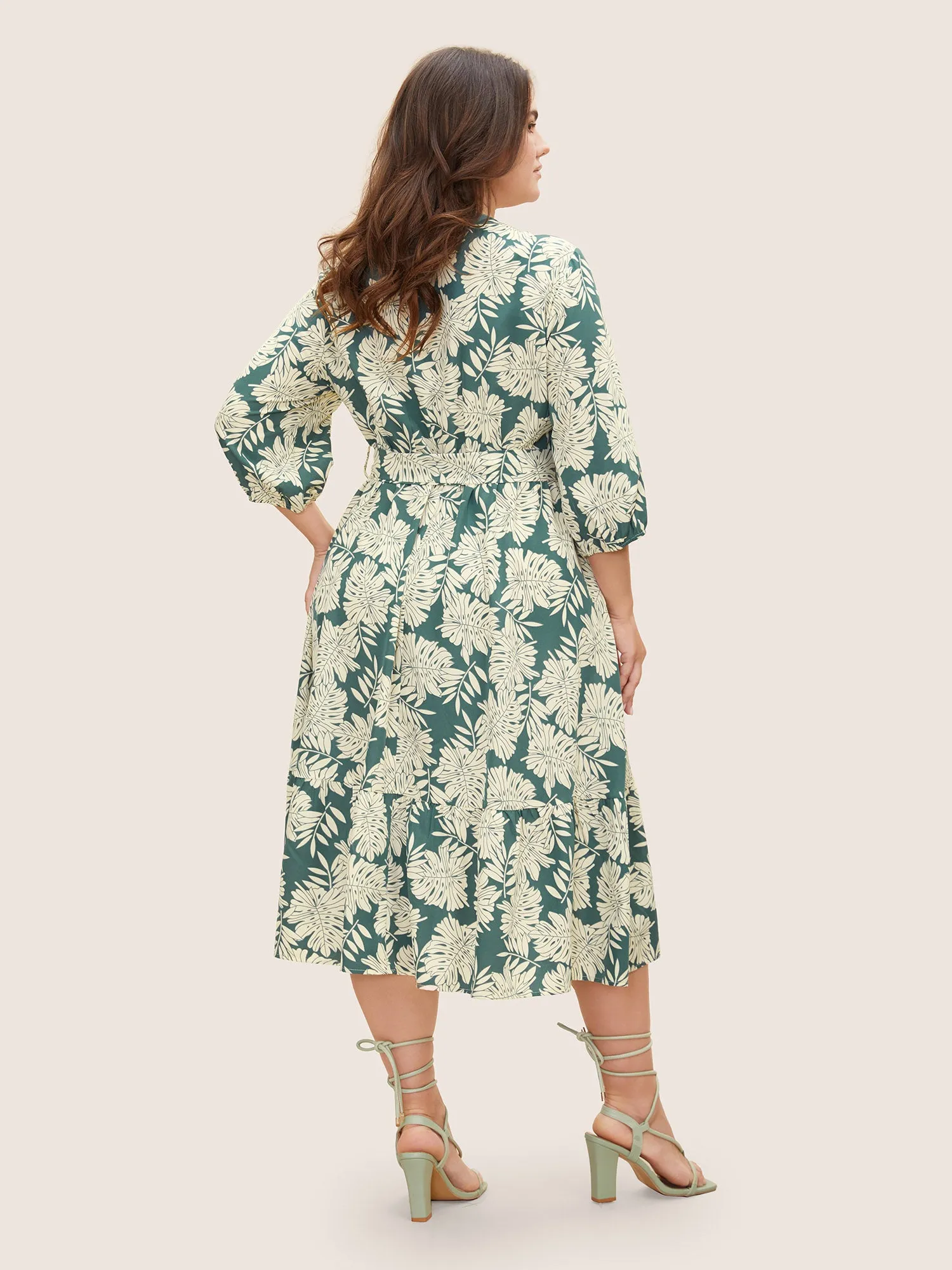 Tropical Print Belted Gathered Lantern Sleeve Dress sold by Bloomchic product image thumbnail 4