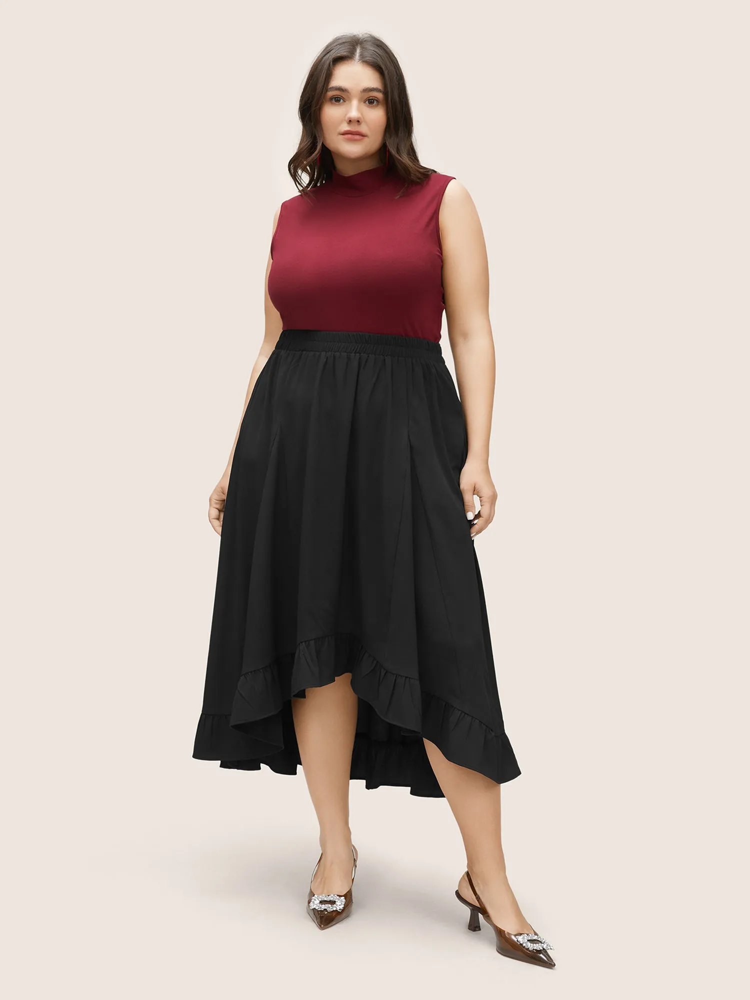 Plain Asymmetrical Flutter Hem Elastic Waist Skirt sold by Bloomchic product image thumbnail 2