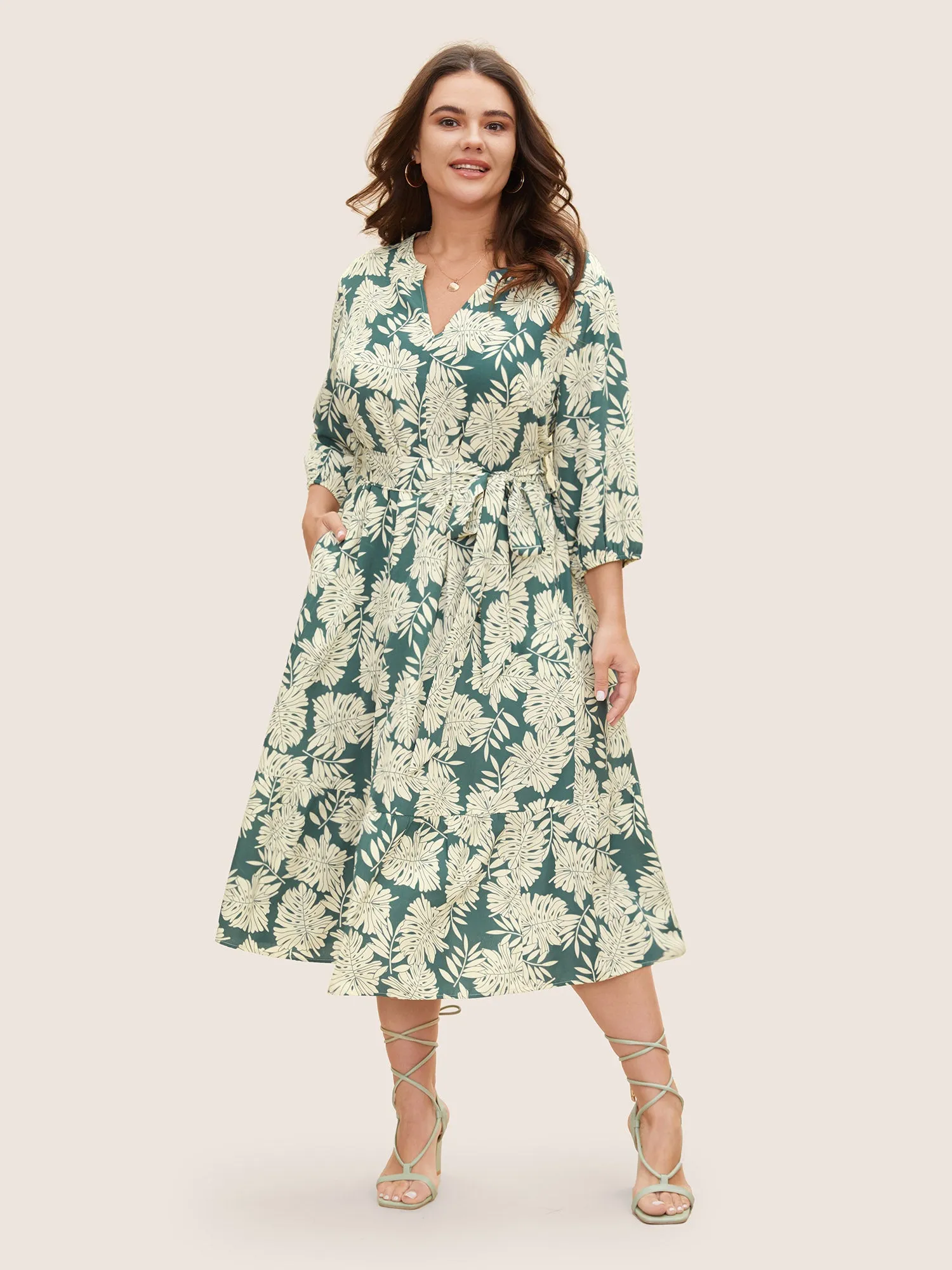 Tropical Print Belted Gathered Lantern Sleeve Dress sold by Bloomchic product image thumbnail 3