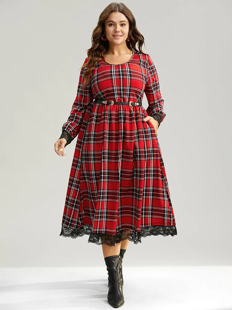Plaid Guipure Lace Elastic Waist Gathered Dress sold by Bloomchic product image thumbnail 2