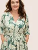 Tropical Print Belted Gathered Lantern Sleeve Dress sold by Bloomchic
