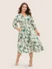 Tropical Print Belted Gathered Lantern Sleeve Dress sold by Bloomchic