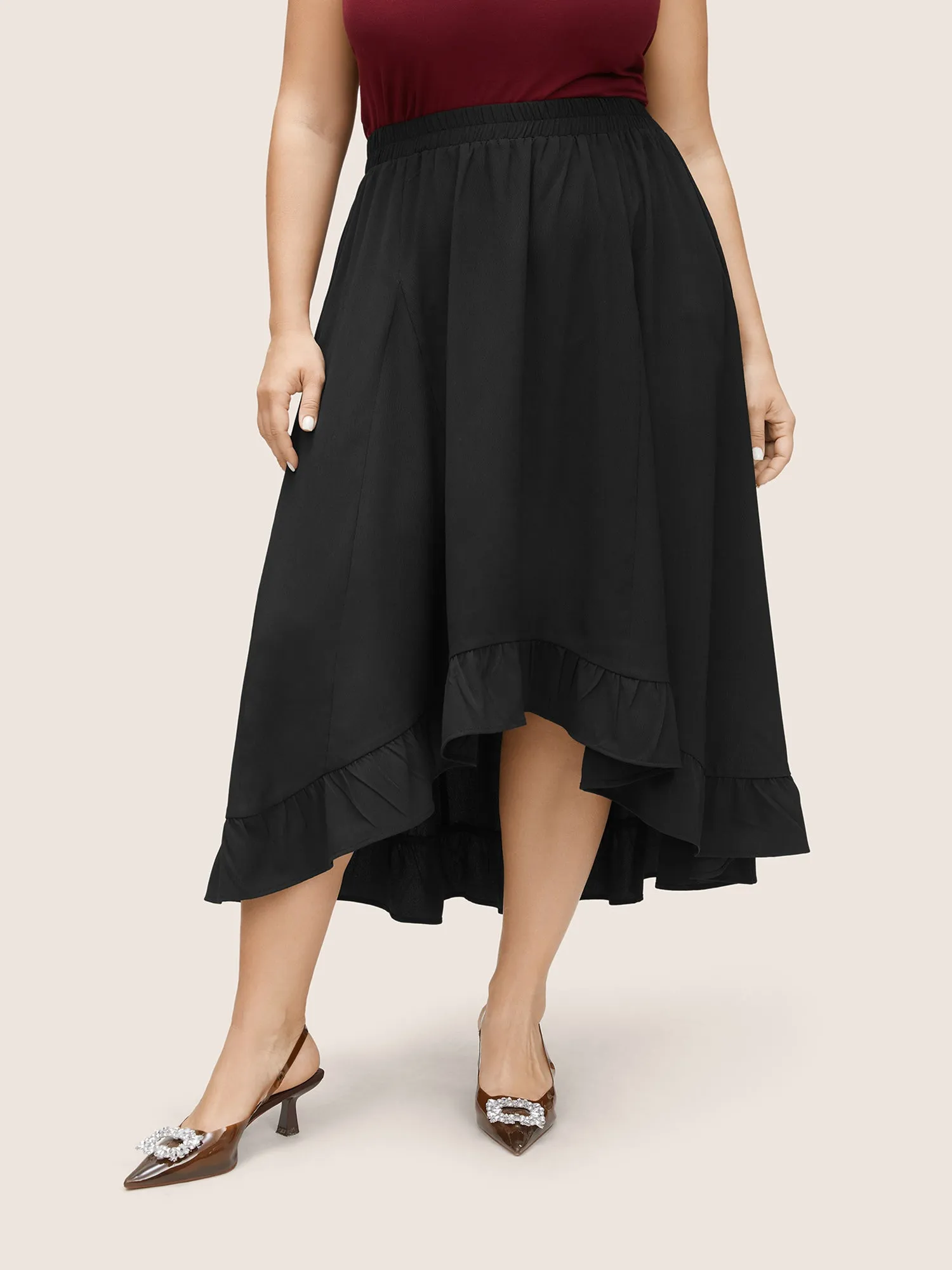 Plain Asymmetrical Flutter Hem Elastic Waist Skirt sold by Bloomchic