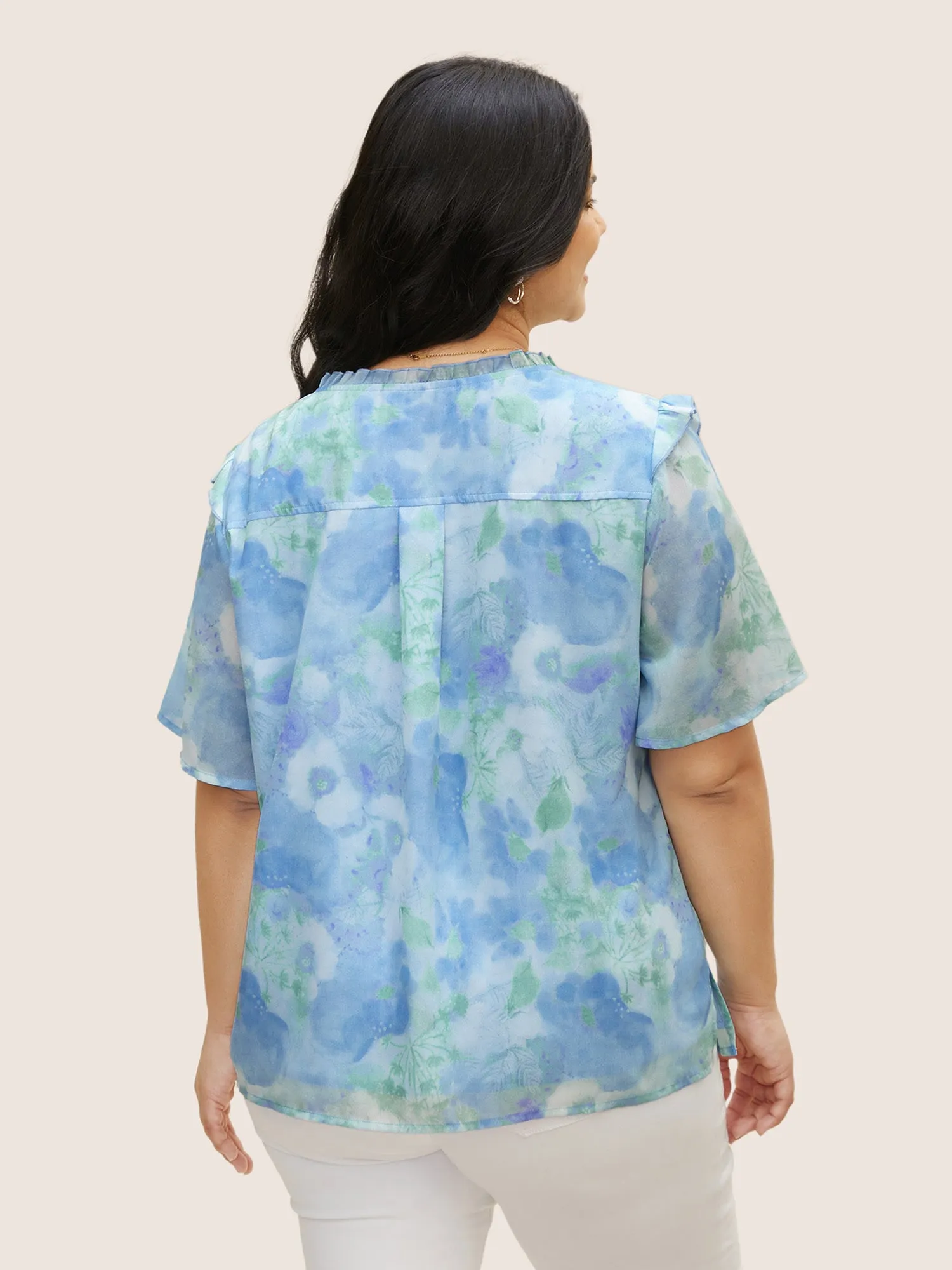 Watercolor Floral Frill Trim Shirred Blouse sold by Bloomchic product image thumbnail 3