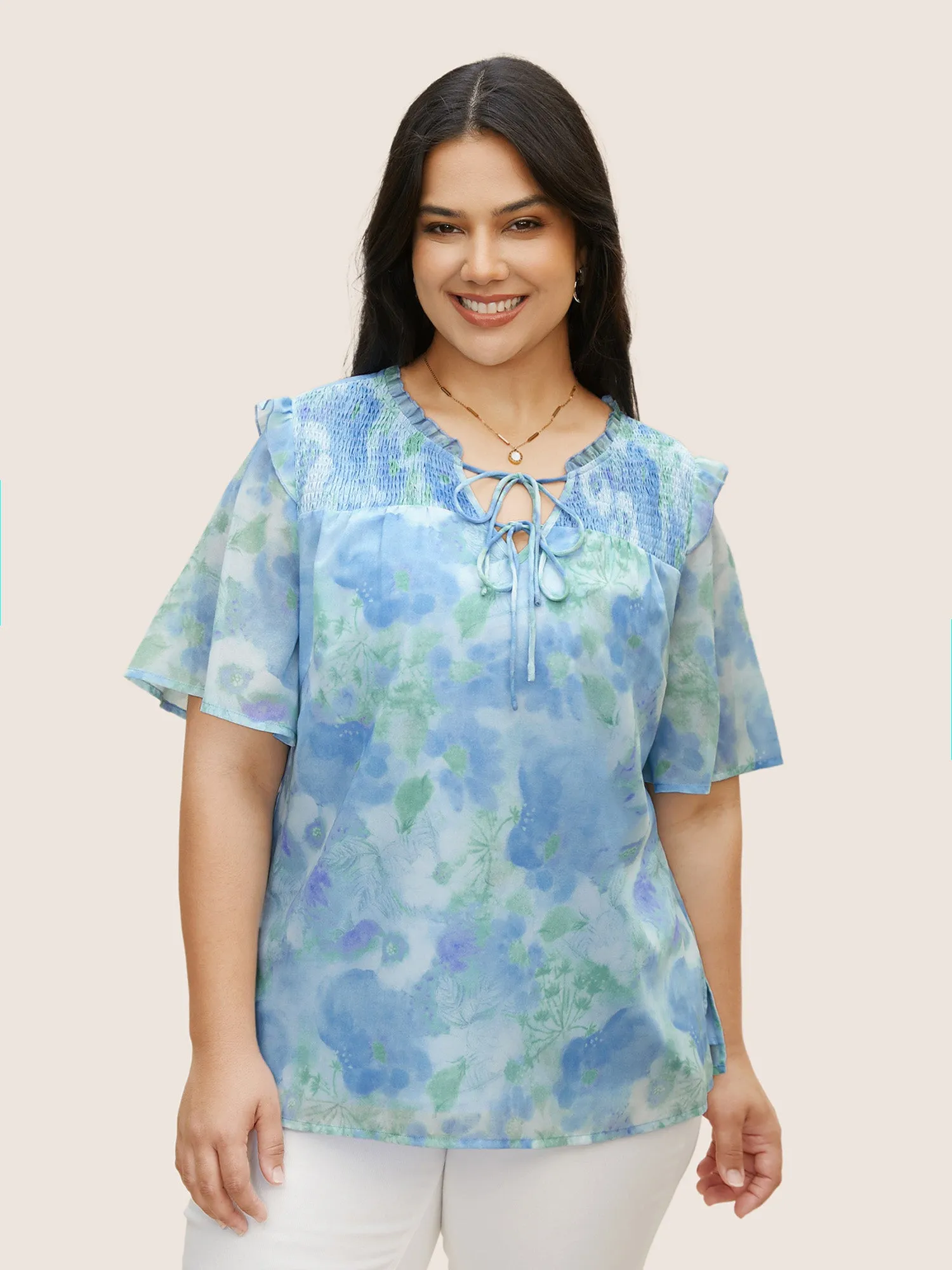 Watercolor Floral Frill Trim Shirred Blouse sold by Bloomchic