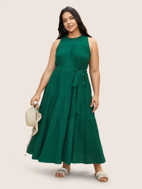 Plain Textured A-line Frill Trim Dress sold by Bloomchic