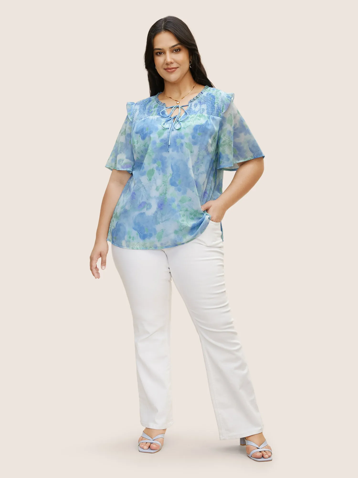 Watercolor Floral Frill Trim Shirred Blouse sold by Bloomchic product image thumbnail 2