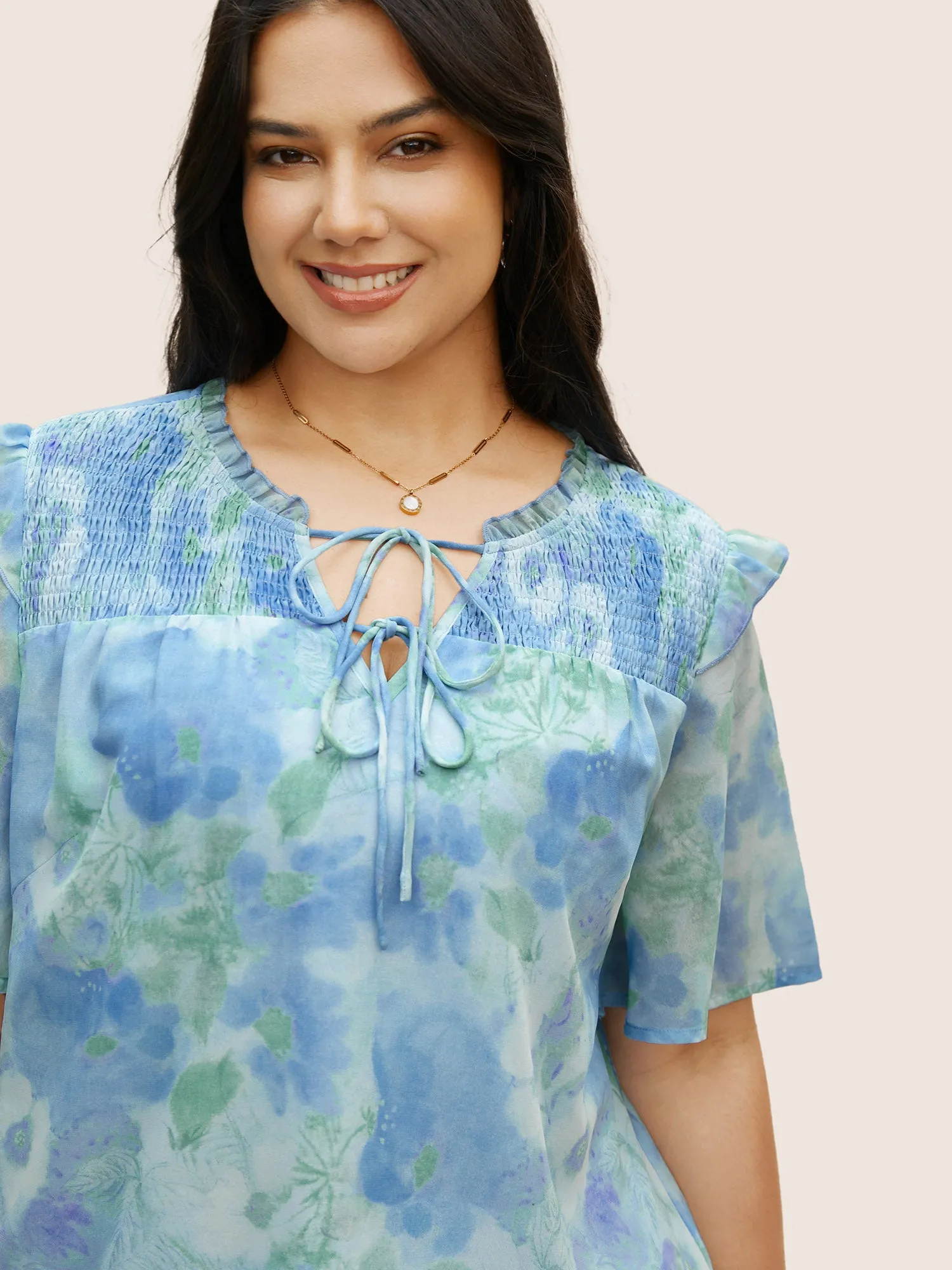Watercolor Floral Frill Trim Shirred Blouse sold by Bloomchic product image thumbnail 4