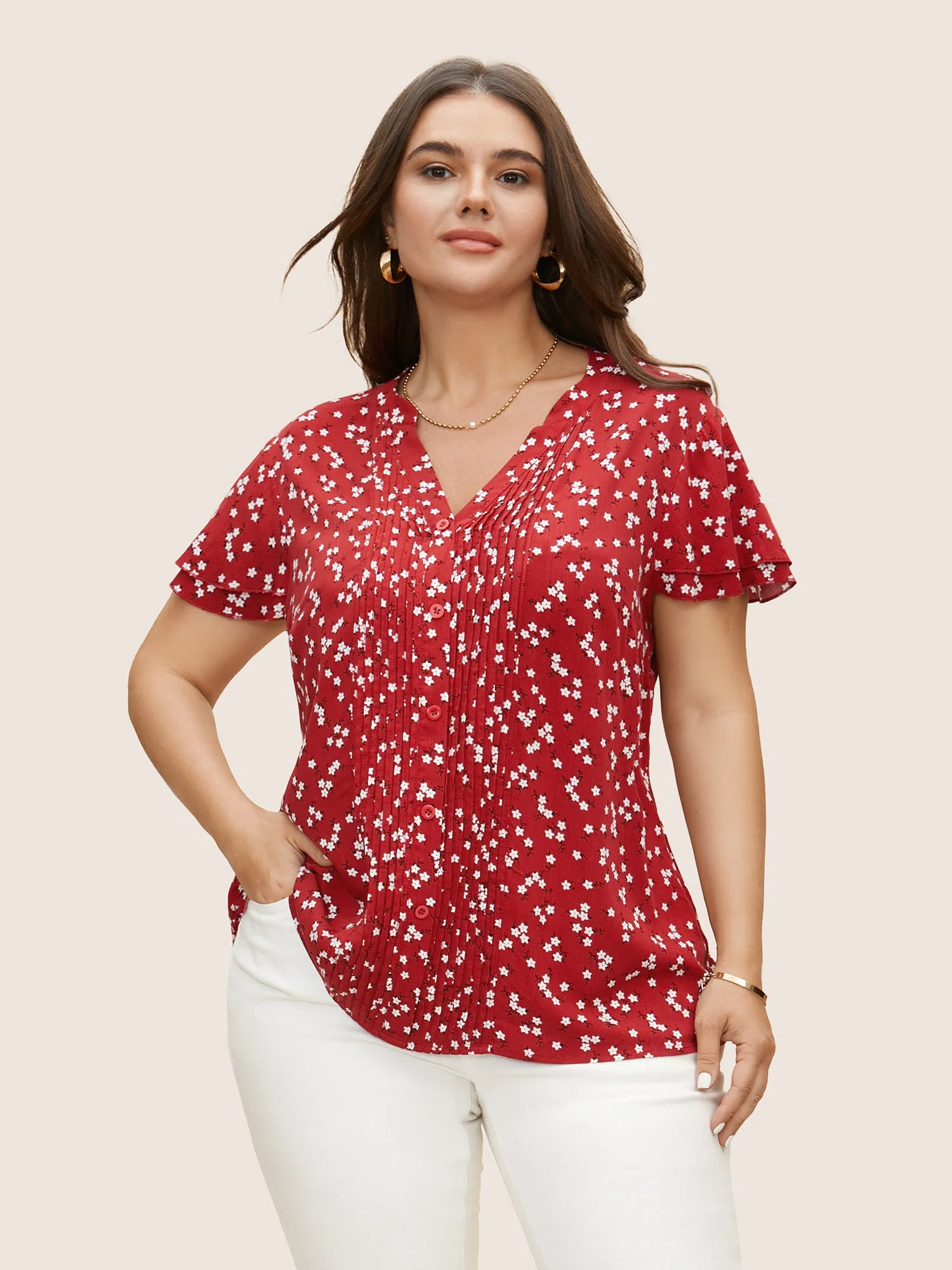 Ditsy Floral Pleated Button Detail Tiered Ruffles Blouse sold by Bloomchic