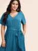 Textured V Neck Belted Ruffle Hem Dress sold by Bloomchic