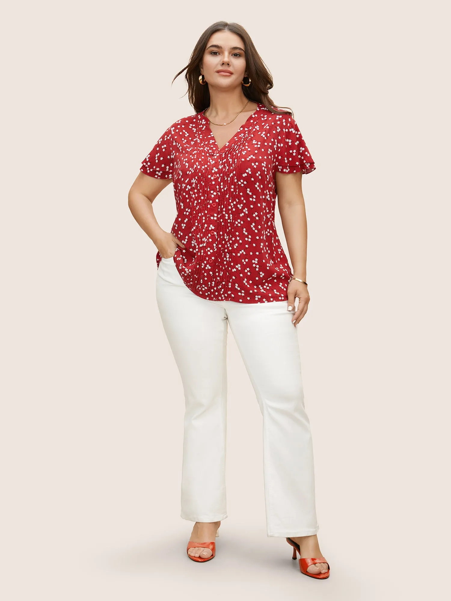 Ditsy Floral Pleated Button Detail Tiered Ruffles Blouse sold by Bloomchic product image thumbnail 3