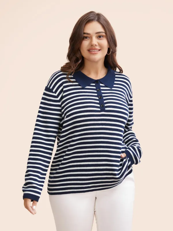 Polo Neck Striped Button Up Pullover sold by Bloomchic