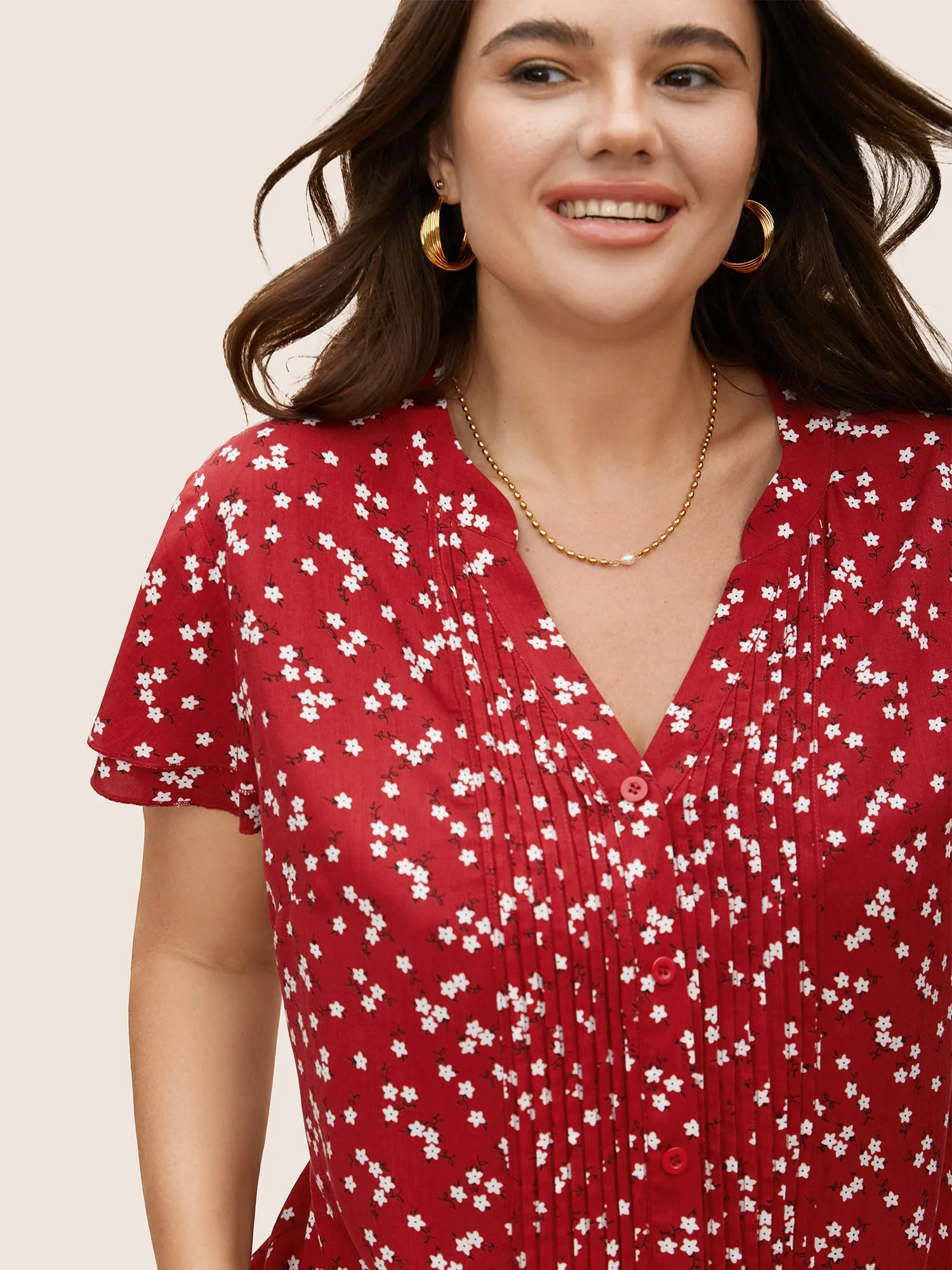 Ditsy Floral Pleated Button Detail Tiered Ruffles Blouse sold by Bloomchic product image thumbnail 4