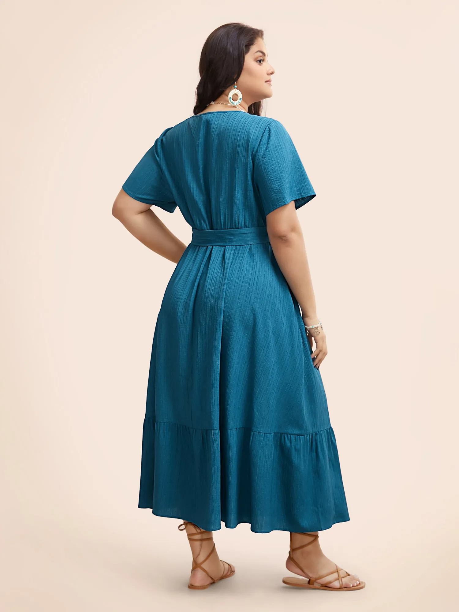 Textured V Neck Belted Ruffle Hem Dress sold by Bloomchic product image thumbnail 4