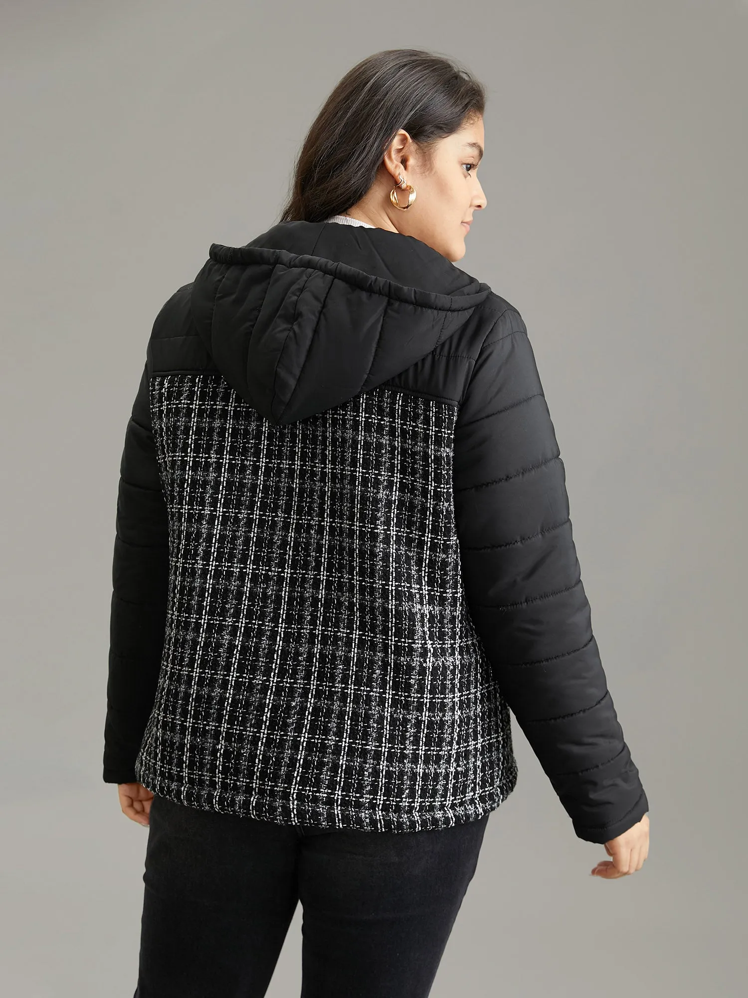 Gingham Tweed Patchwork Hooded Drawstring Jacket sold by Bloomchic product image thumbnail 3