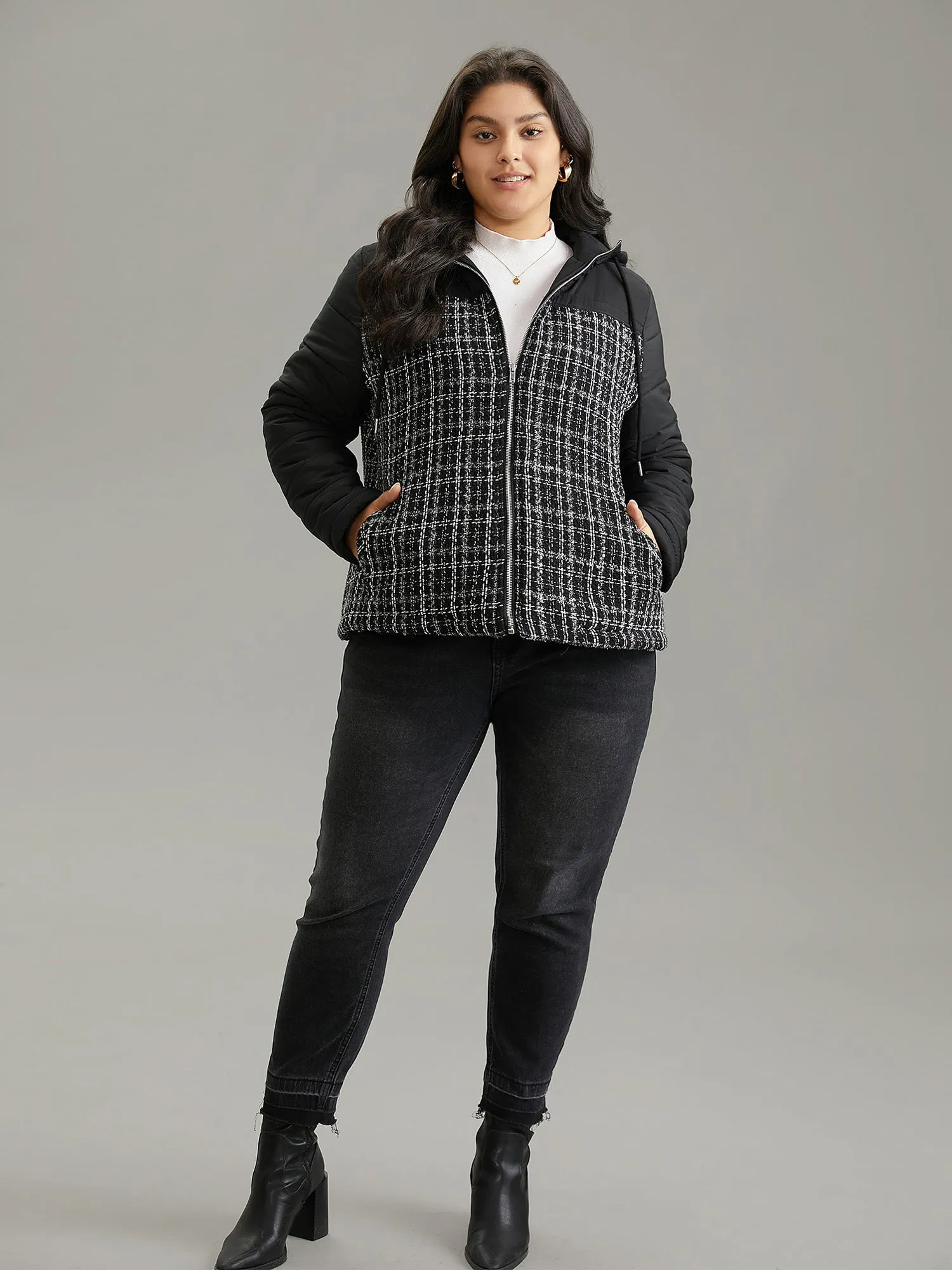 Gingham Tweed Patchwork Hooded Drawstring Jacket sold by Bloomchic product image thumbnail 4