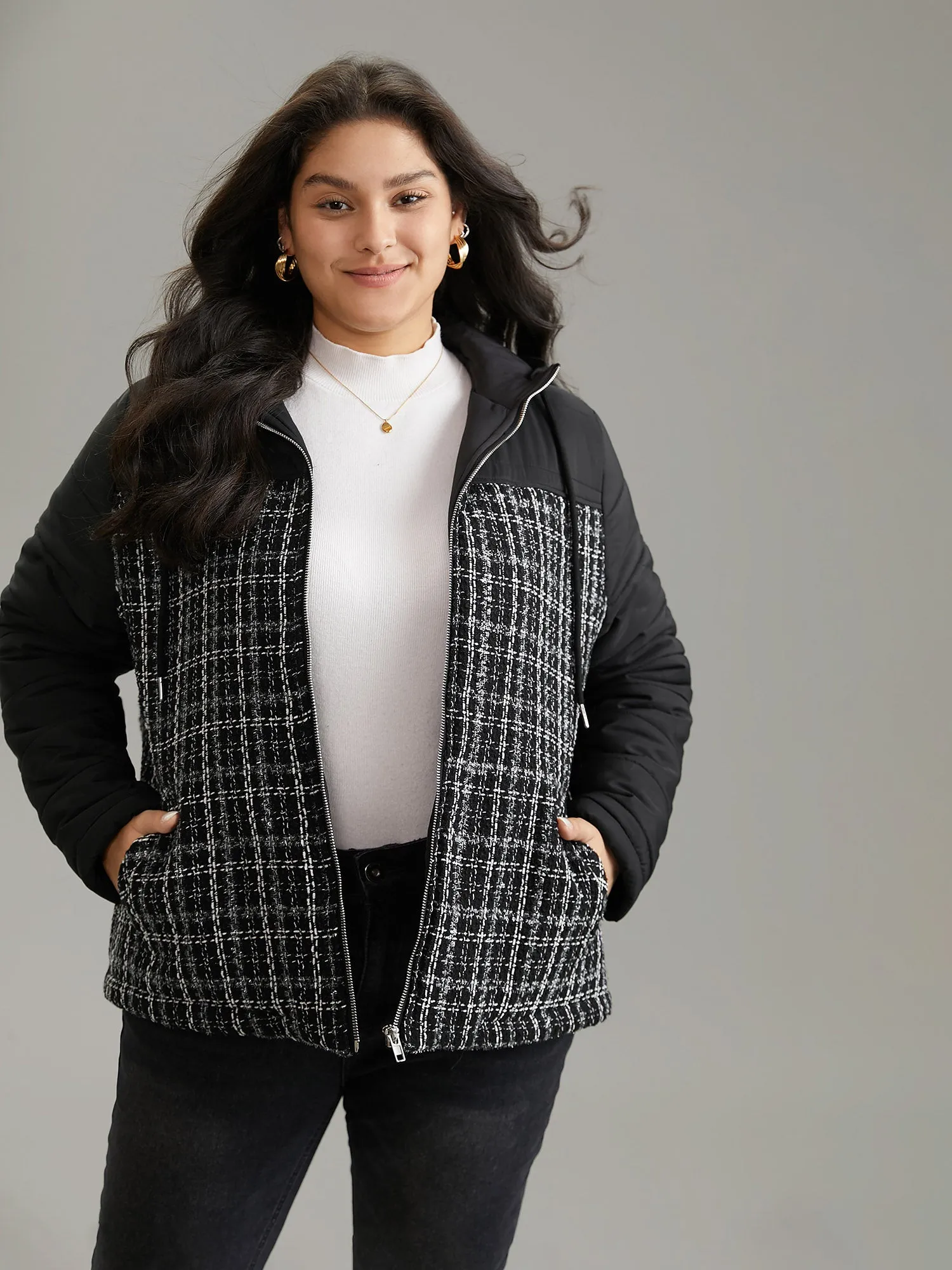 Gingham Tweed Patchwork Hooded Drawstring Jacket sold by Bloomchic