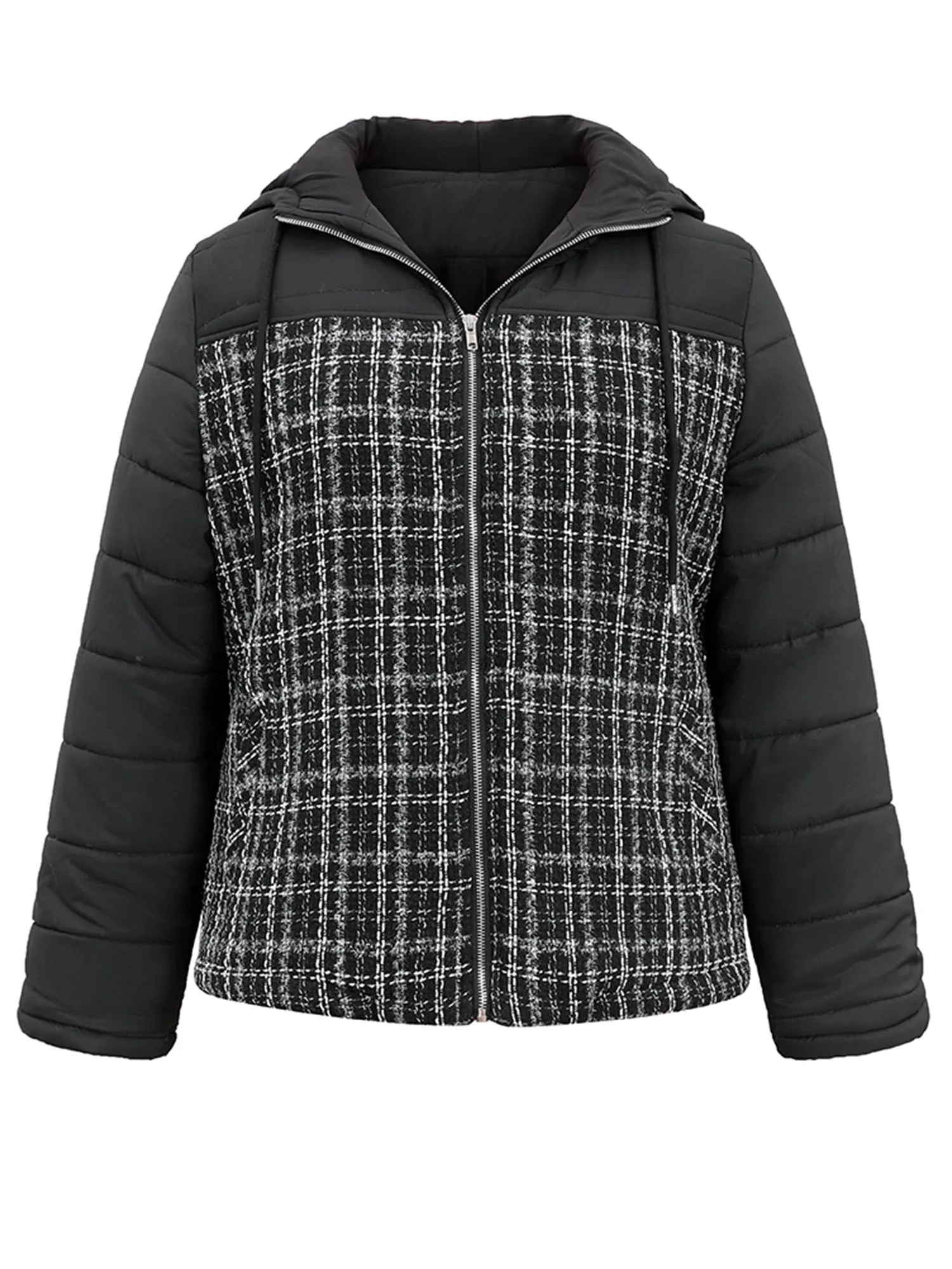 Gingham Tweed Patchwork Hooded Drawstring Jacket sold by Bloomchic product image thumbnail 5
