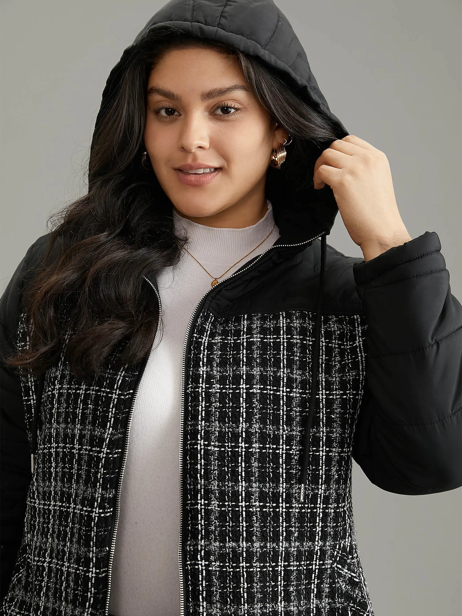 Gingham Tweed Patchwork Hooded Drawstring Jacket sold by Bloomchic product image thumbnail 2
