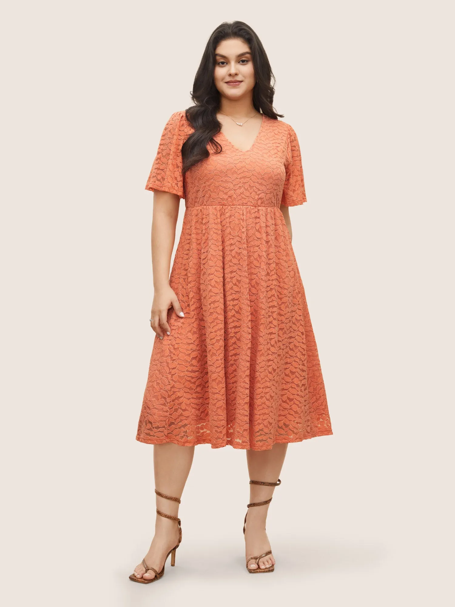 Plain Leaf Lace Panel Mesh Texture Dress sold by Bloomchic