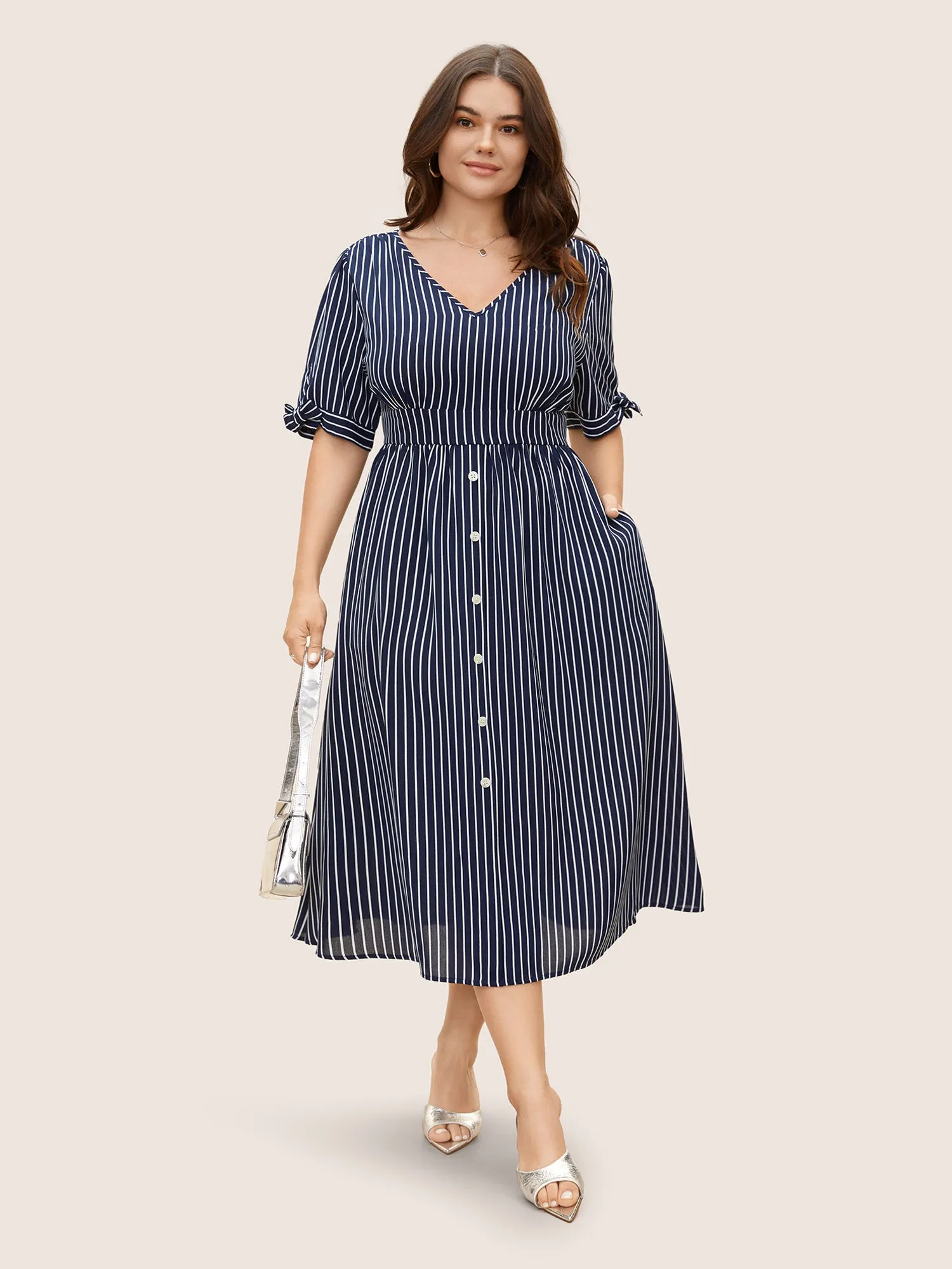 Striped Knot Sleeve Button Detail Dress sold by Bloomchic