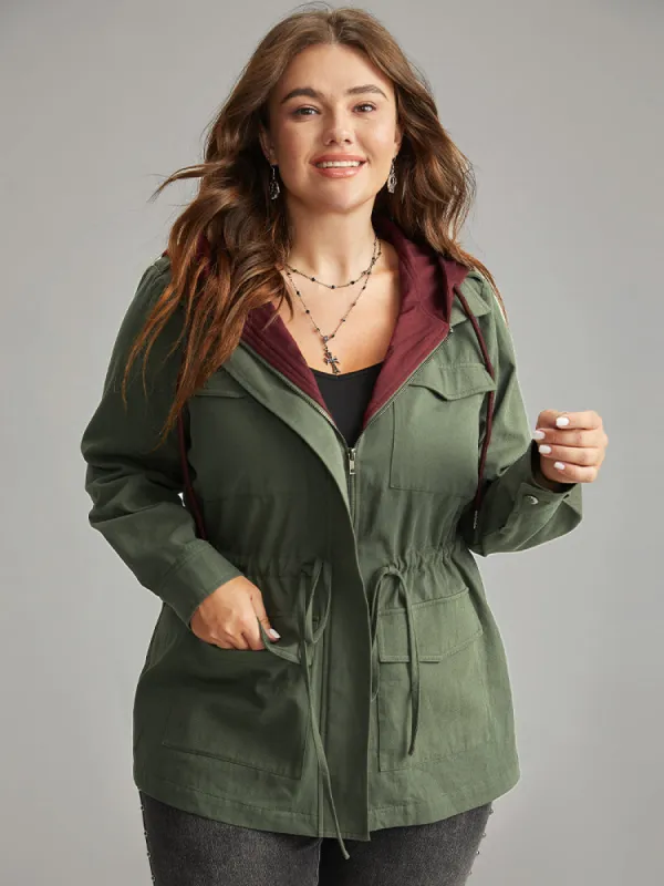 Contrast Hooded Drawstring Flap Pocket Coat sold by Bloomchic
