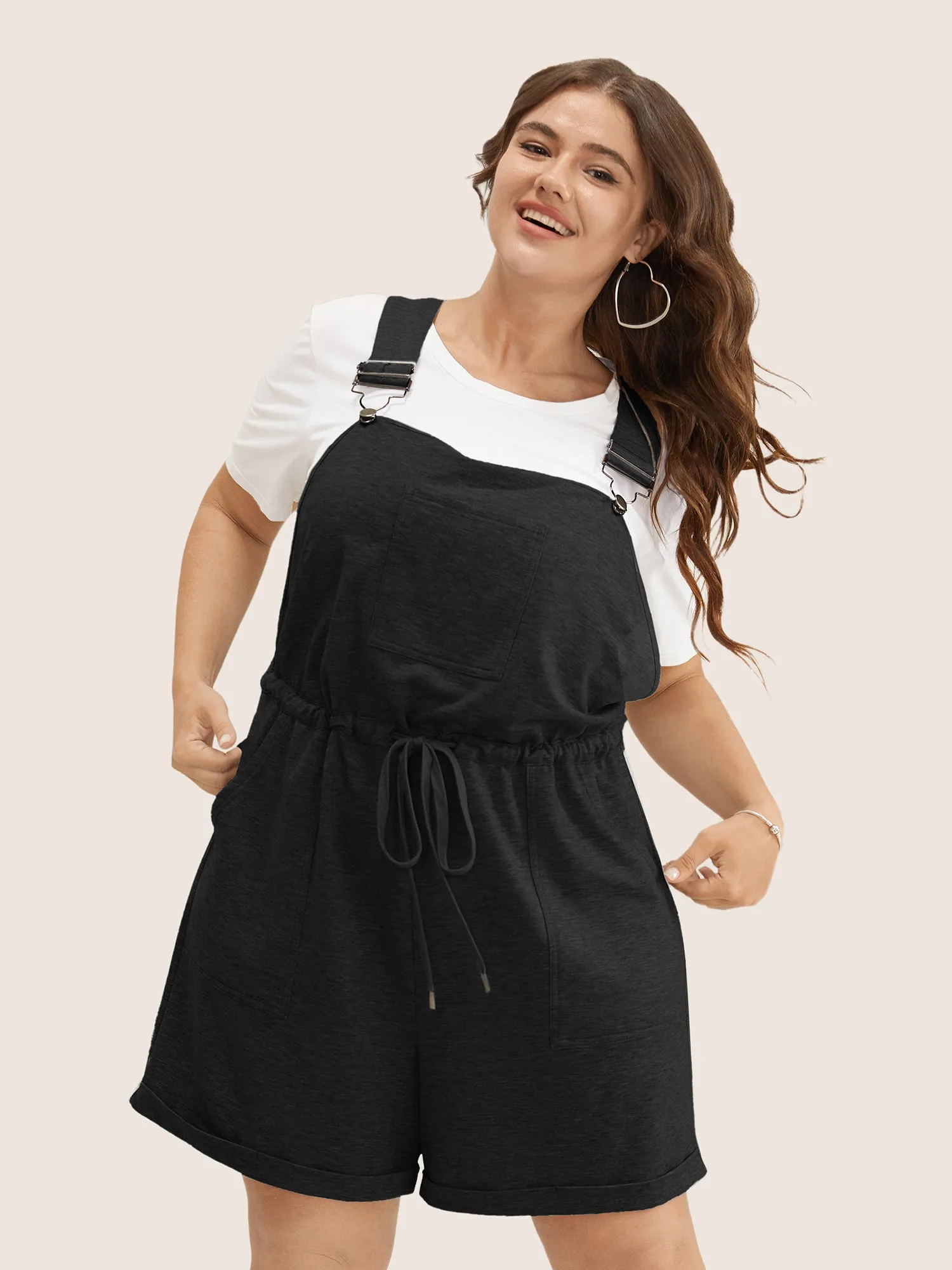 Solid Pocket Drawstring Overall Romper sold by Bloomchic