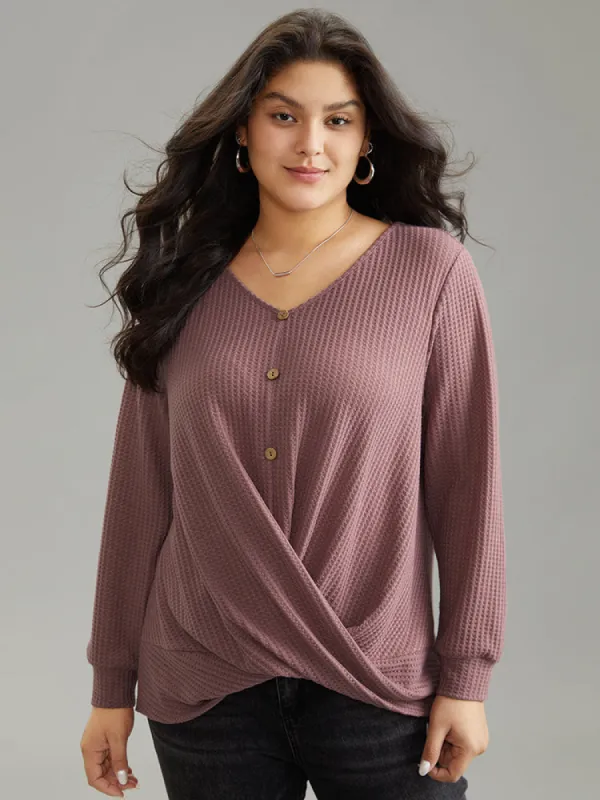 Solid Twist Front Button Detail Waffle Knit T-shirt sold by Bloomchic