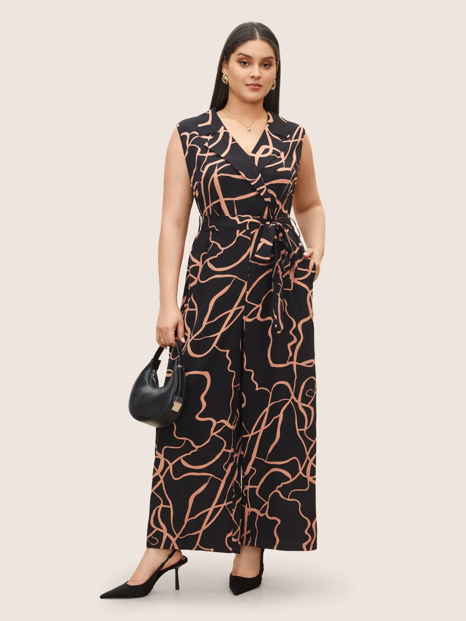 Abstract Print Suit Collar Belted Jumpsuit sold by Bloomchic