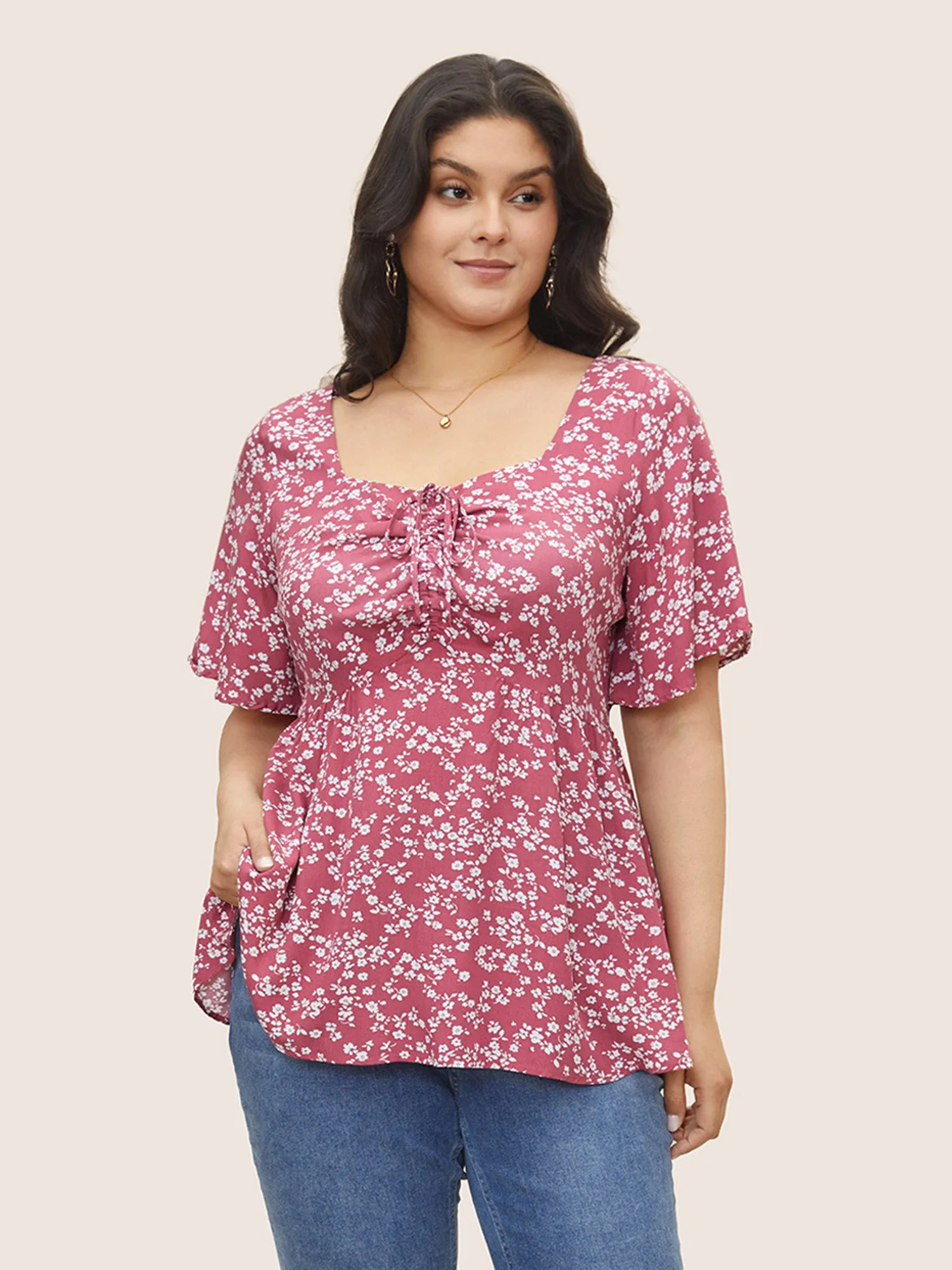 Ditsy Floral Heart Neckline Drawstring Tie Knot Blouse sold by Bloomchic