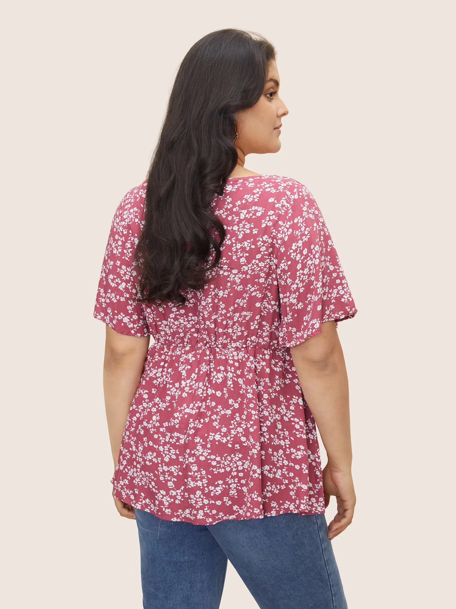 Ditsy Floral Heart Neckline Drawstring Tie Knot Blouse sold by Bloomchic product image thumbnail 5