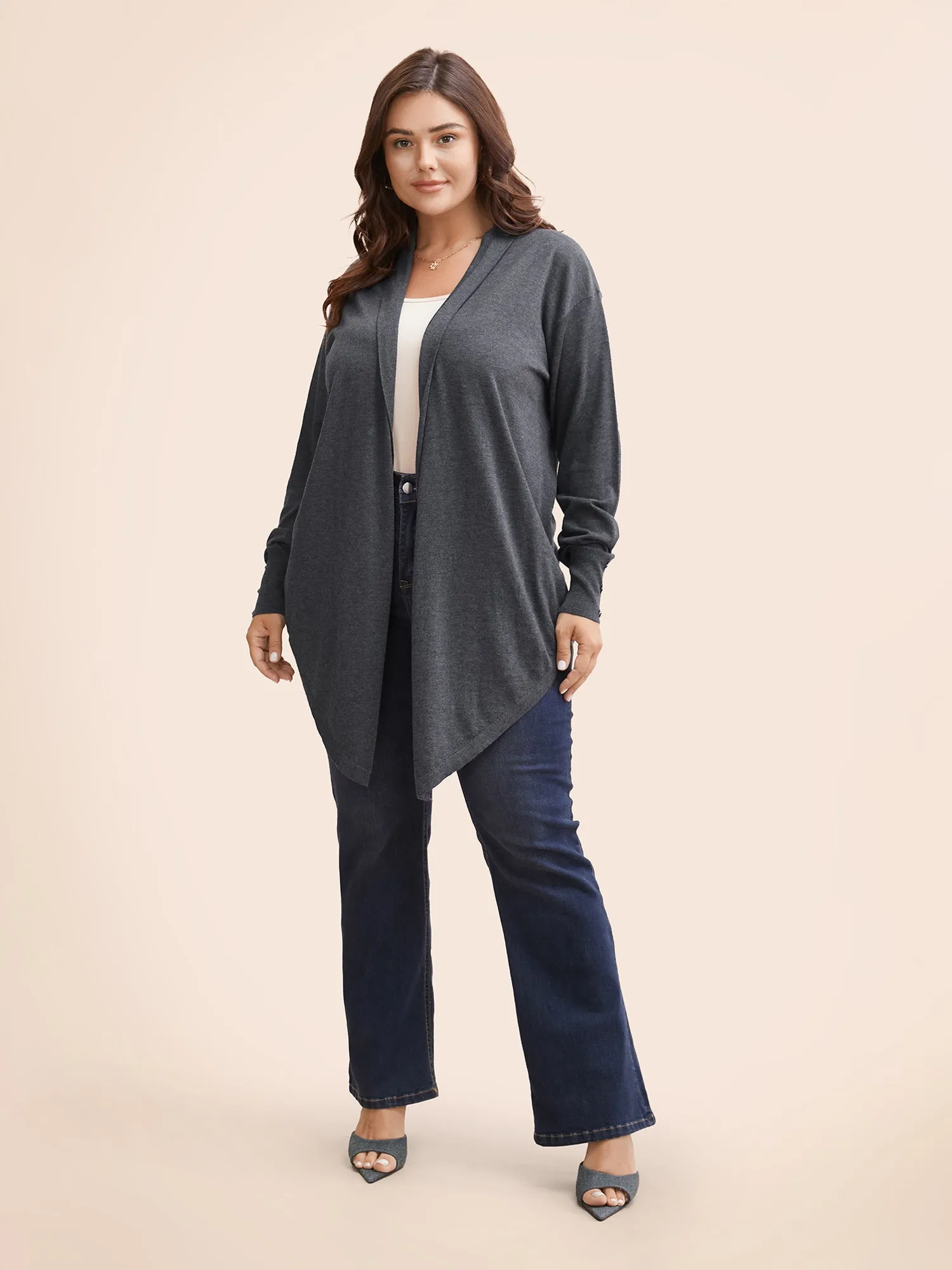 Kimono Collar Button Detail Asymmetrical Hem Cardigan sold by Bloomchic product image thumbnail 4