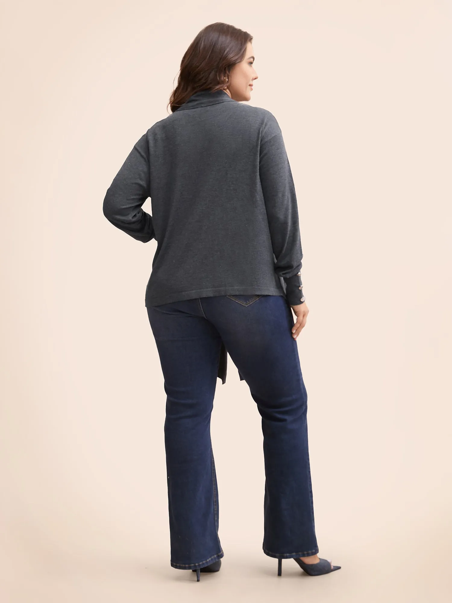 Kimono Collar Button Detail Asymmetrical Hem Cardigan sold by Bloomchic product image thumbnail 3