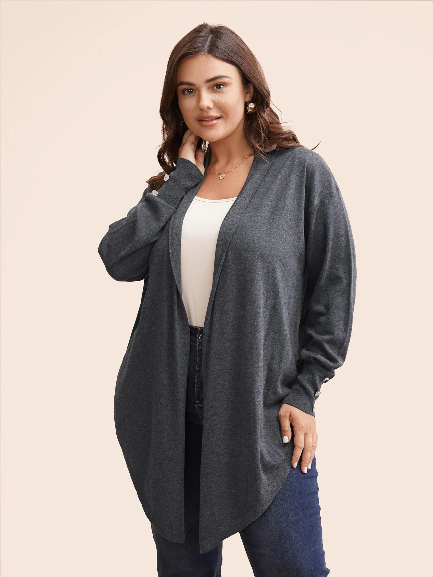 Kimono Collar Button Detail Asymmetrical Hem Cardigan sold by Bloomchic