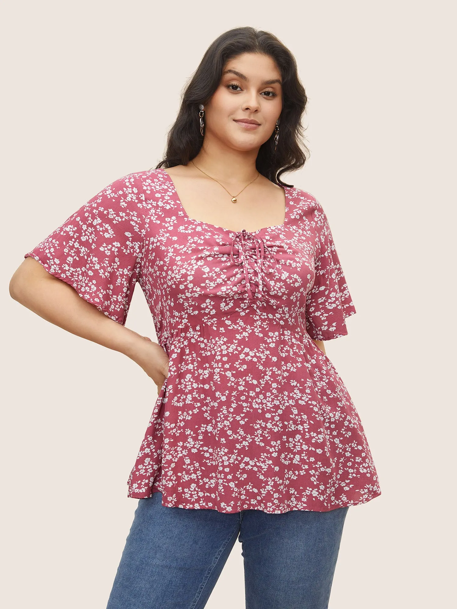 Ditsy Floral Heart Neckline Drawstring Tie Knot Blouse sold by Bloomchic product image thumbnail 2